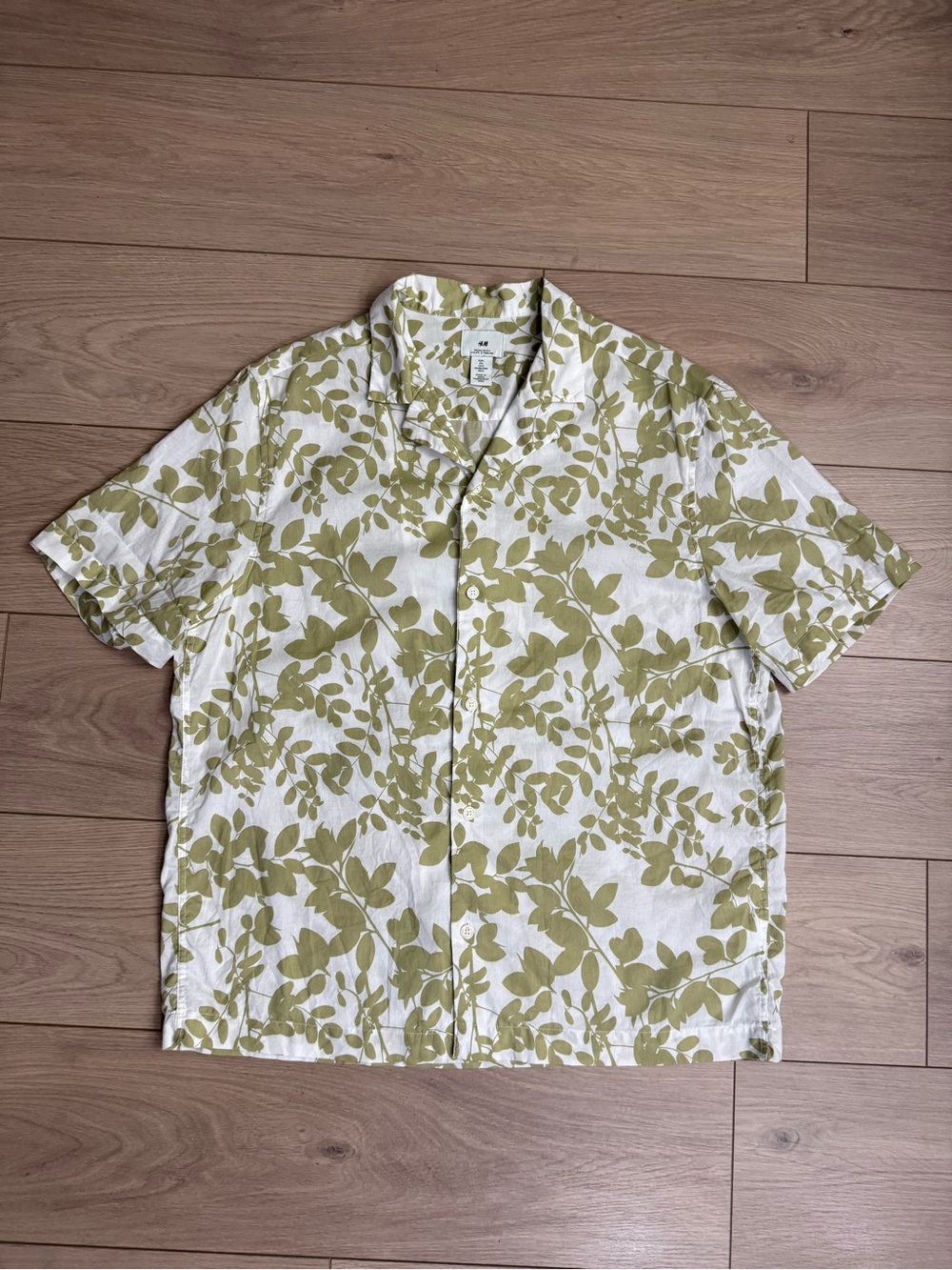 H&M White Shirt with Olive Green Leaf Print
